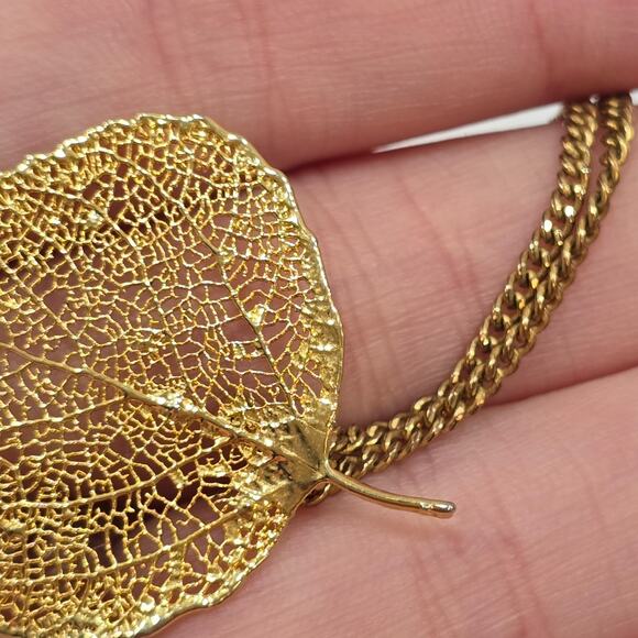 Vintage Gold Dipped Leaf Filigree Pendant With Caco 12K GF Chain Necklace - Picture 12 of 16